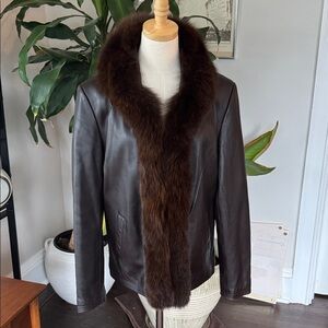 JG Hook chocolate Brown Leather Jacket with Fox Fur Trim